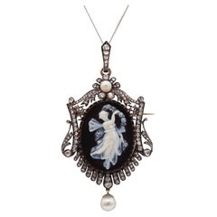 French 1860 Neo Classic Pendant Brooch in 18Kt Gold with Diamonds Natural Pearls