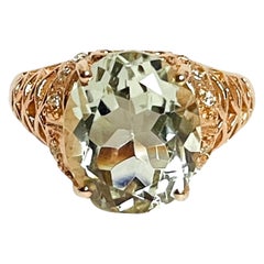 New Natural Aaa Green Amethyst Oval & White Cz 14K Gp Sterling Ring