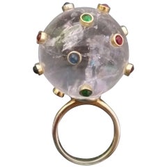 150 Carat Natural Quartz Ball Rubies Emeralds Sapphires Round Cabs 14K Gold Ring