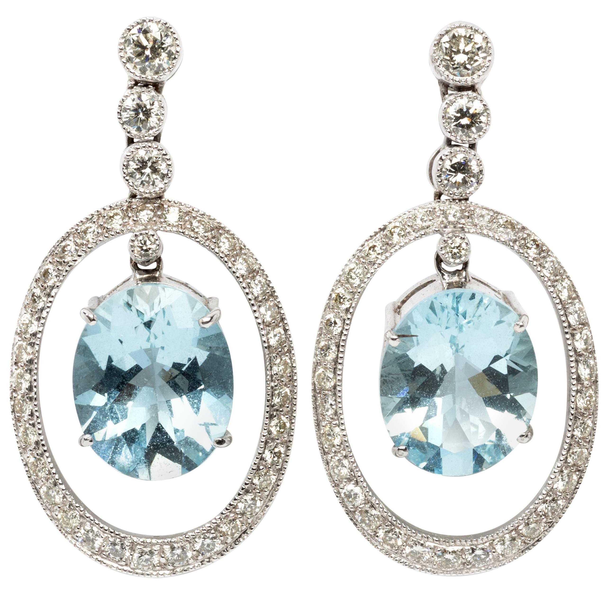 Aquamarine Diamond White Gold Dangle Stud Earrings For Sale