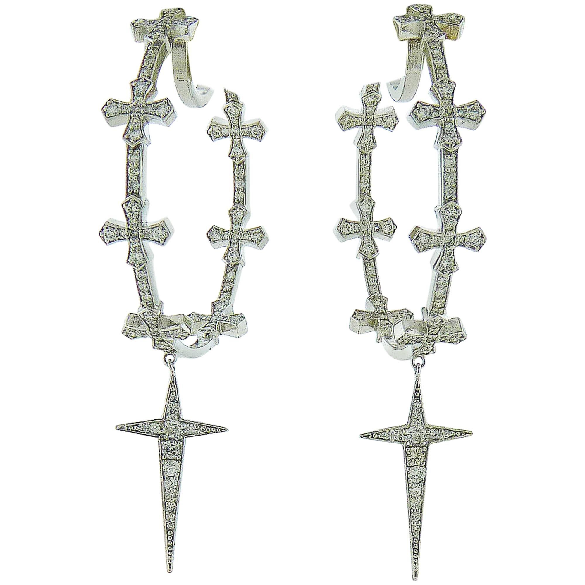 Spectra Fine Jewelry Diamond Gold Hoop Earrings with Crosses For Sale