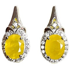 New Oval Yellow Sapphire and Cz 14k White Gold Plate Sterling Earrings