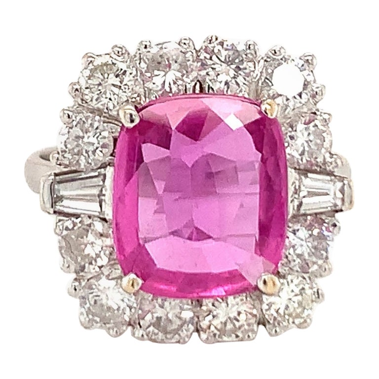 Gia Certified 4.10 Ct. Pink Sapphire and Diamond White Gold Ring, circa 1950s