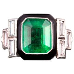 Art Deco Colombian Emerald Diamond Platinum Ring