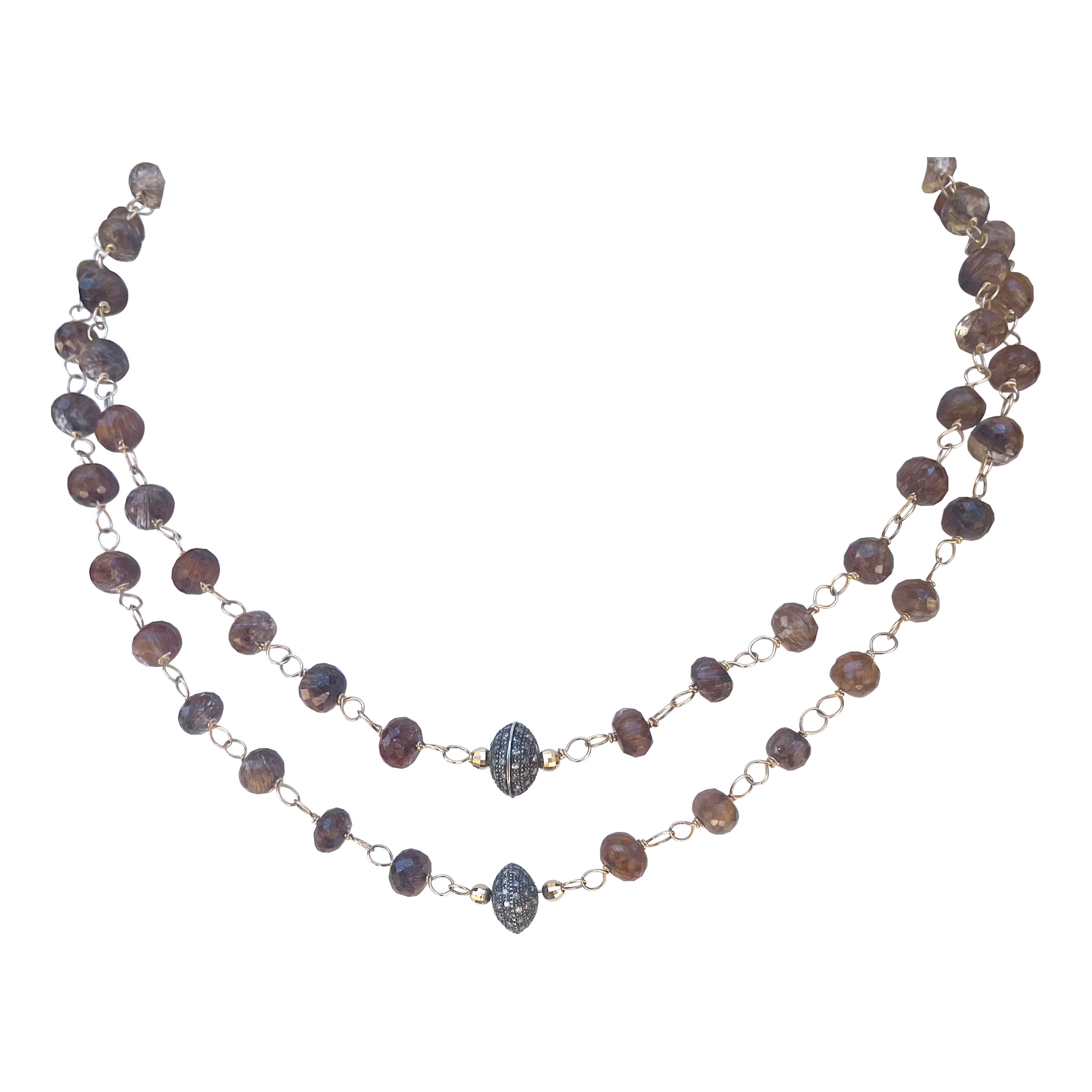 Double Strand Red Rutilated Quartz with Pave Diamonds Accents Necklace For Sale
