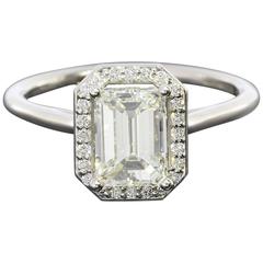 1.51 Carat GIA Cert Emerald Cut Diamond Gold Halo Engagement Ring