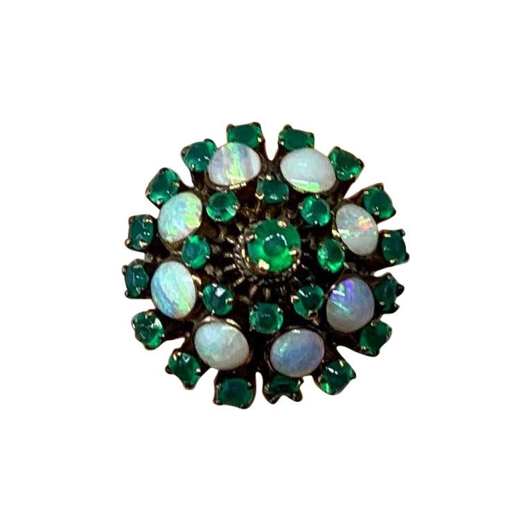 Fire Opal Emerald Ring Art Deco Princess Bombe Gold Opals Blue Green Yellow