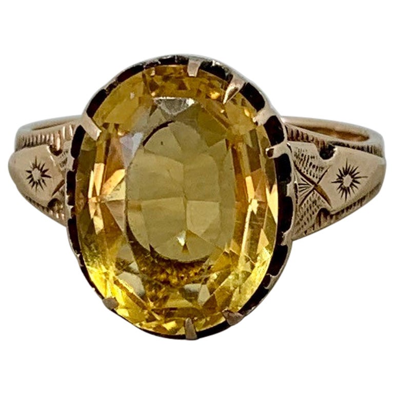 Bague victorienne ancienne Belle Époque gravée en or avec citrine de 5 carats, 1850