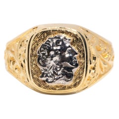 Vieille bague sigillaire d'inspiration romaine en or jaune et blanc 14 carats, années 1980