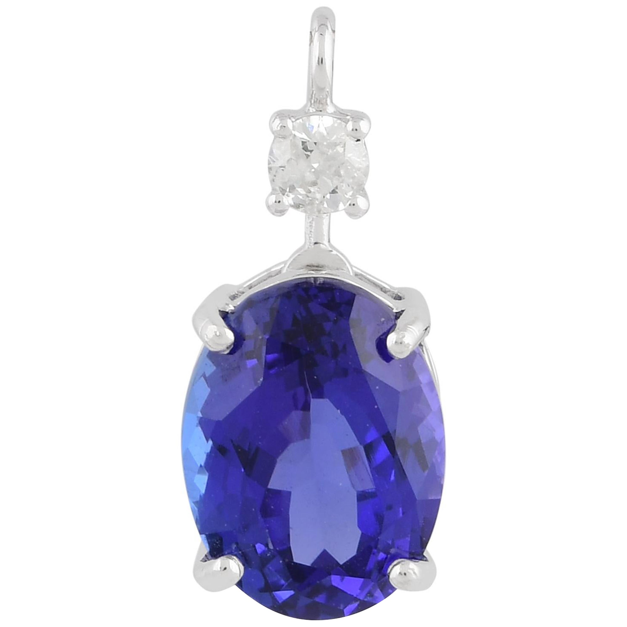 Oval Tanzanite Charm Pendant Diamond Pave 18 Karat White Gold Handmade Jewelry