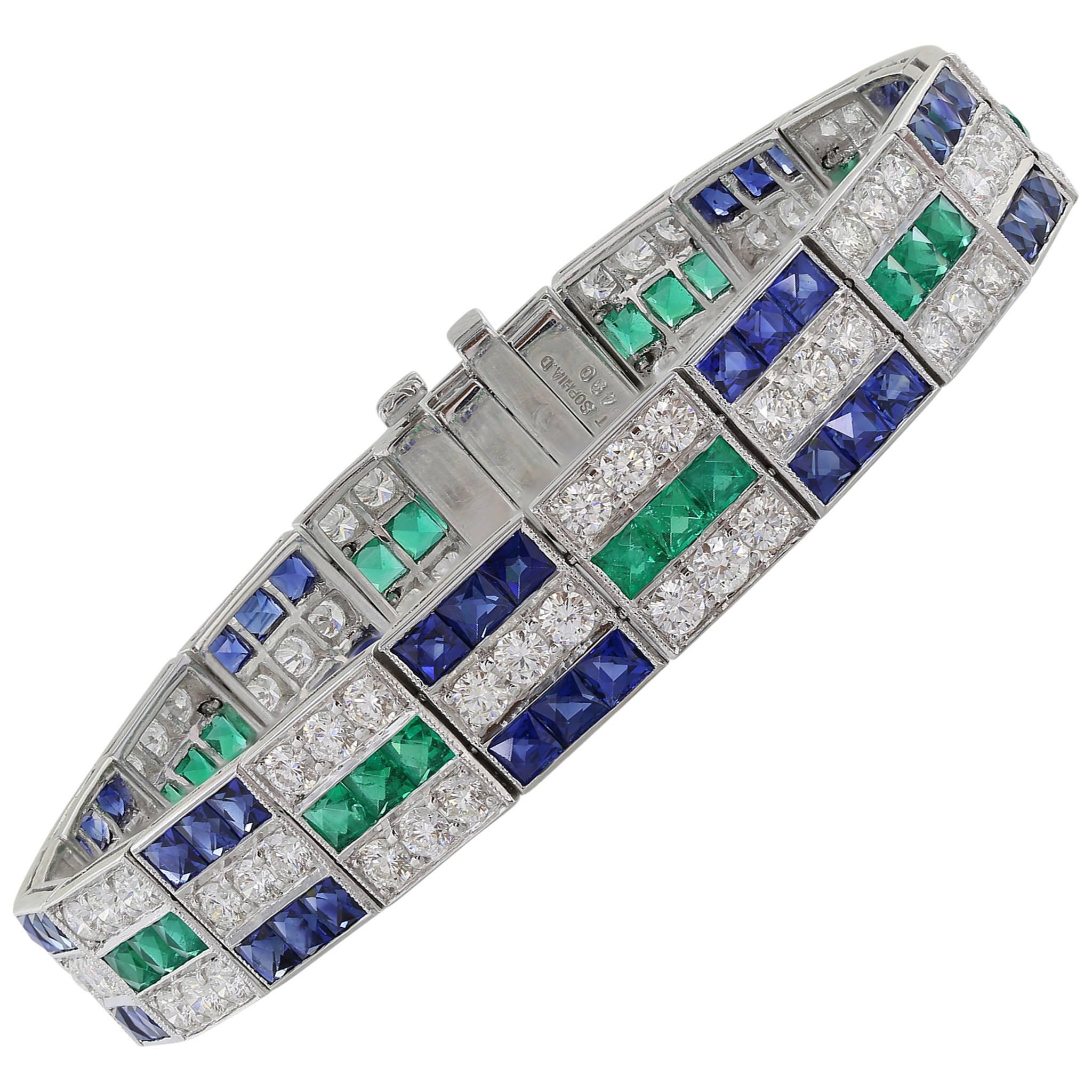 Diamond Emerald Sapphire  Bracelet For Sale