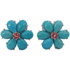 Rubelite Turquoise Gold Flower Earrings 5