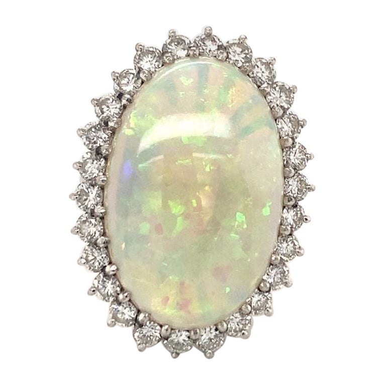 White Opal and Diamond 18K White Gold Ring, circa 1970s For Sale