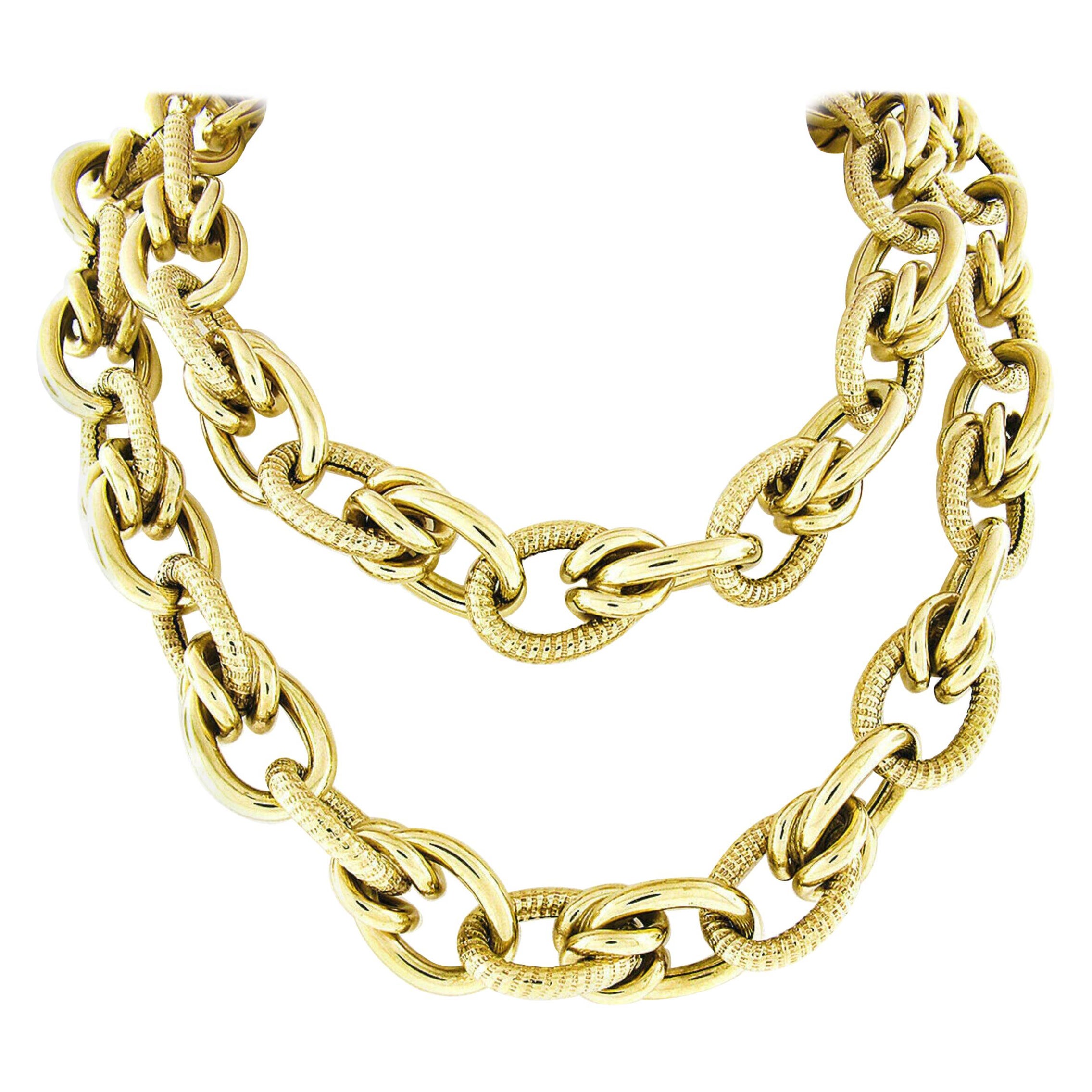 Long 14k Gold Polished Textured Oval Knotted Link Chain Statement Necklace