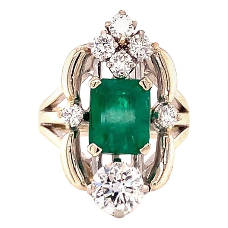 Midcentury Emerald and Diamond 14k White Gold Ring, circa 1950s