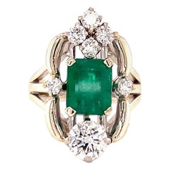 Vintage Midcentury Emerald and Diamond 14k White Gold Ring, circa 1950s