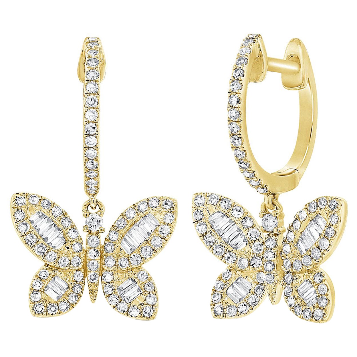 Pendants d'oreilles papillon en or 14 carats et diamants baguettes