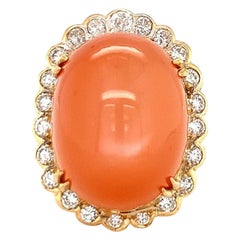 Vintage Peach Moonstone and Diamond Dome 18K Yellow Gold Cocktail Ring, circa 1970s