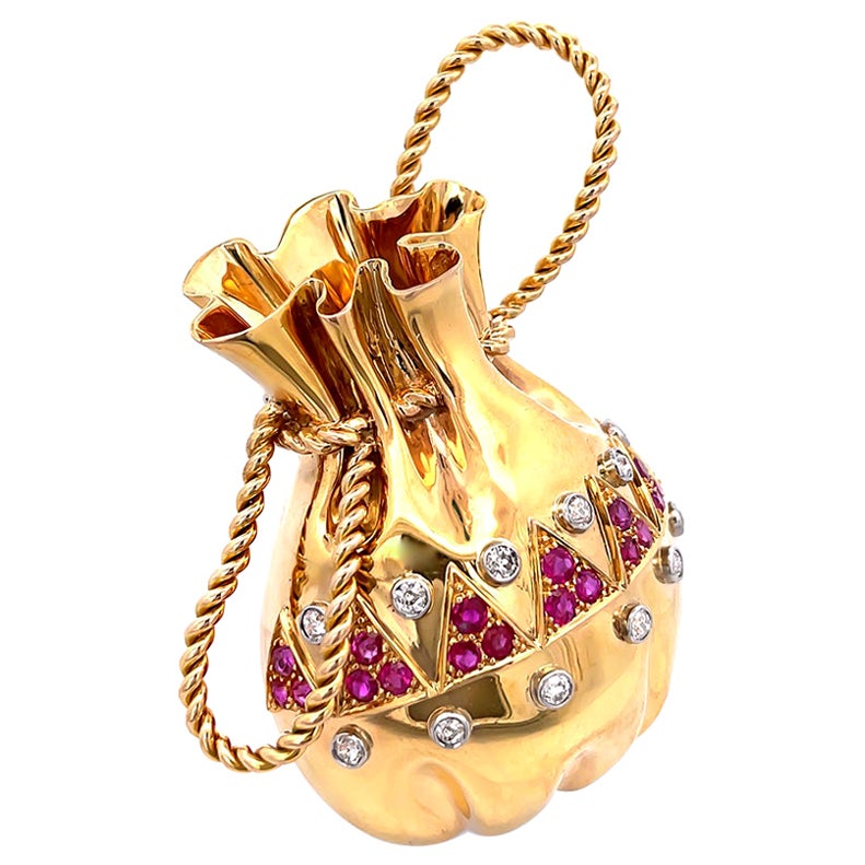 1950s 0.80ct Diamond Ruby Gold Money Bag Pin For Sale