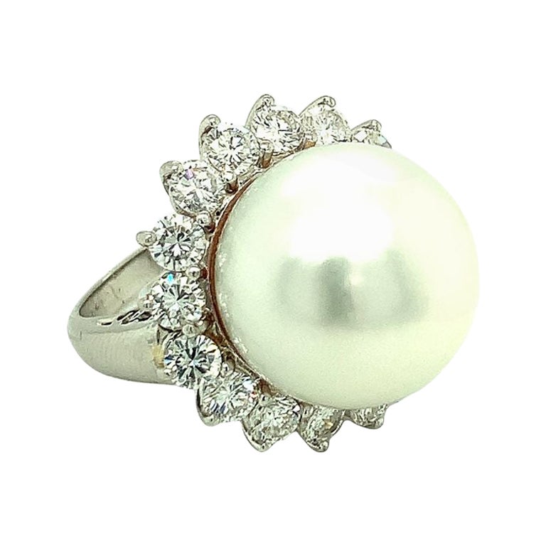 Mid-Century Cultured Pearl and Diamond Platinum Ring, circa 1950s For Sale