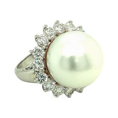 Vintage Mid-Century Cultured Pearl and Diamond Platinum Ring, circa 1950s