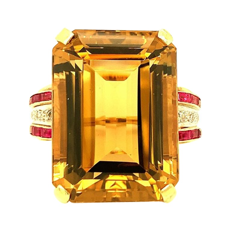 Retro Citrine, Ruby and Diamond 14k Gold Cocktail Ring, circa 1940s For Sale