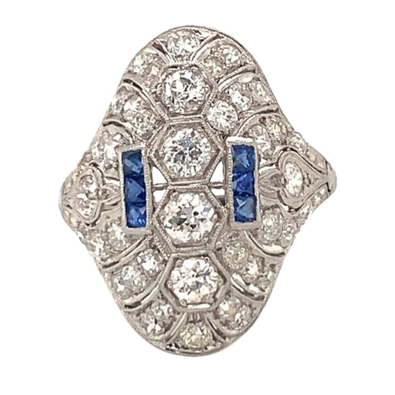 Art Deco Diamond and Sapphire Platinum Filigree Ring, circa 1920s