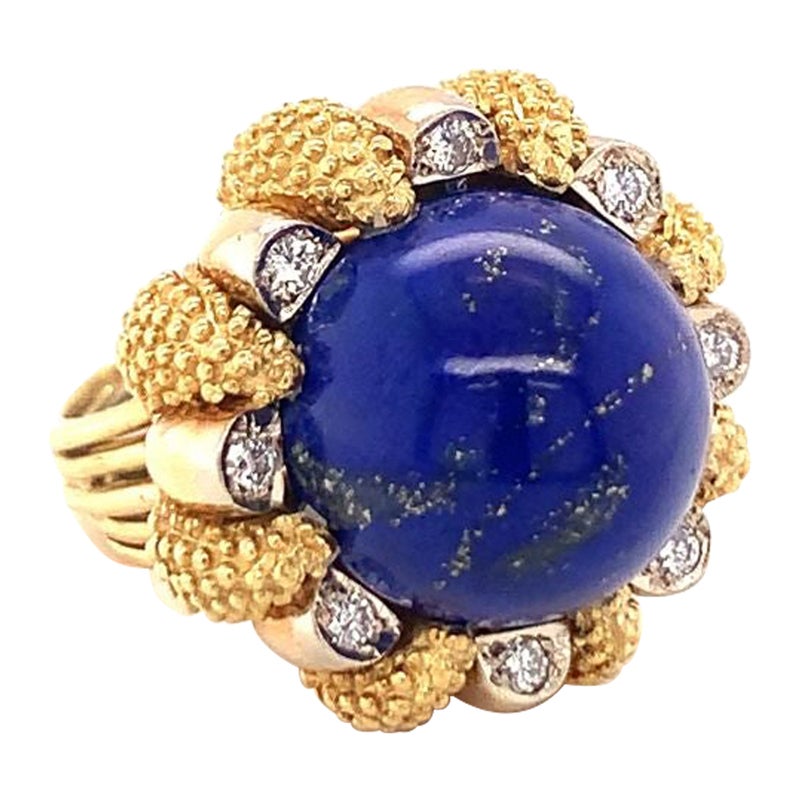 Lapis Lazuli and Diamond 18K Yellow Gold Cocktail Ring, circa 1960s For Sale