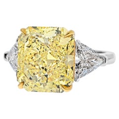 10.98 Carat Radiant Cut Fancy Yellow VVS2 Three Stone Diamond Engagement Ring