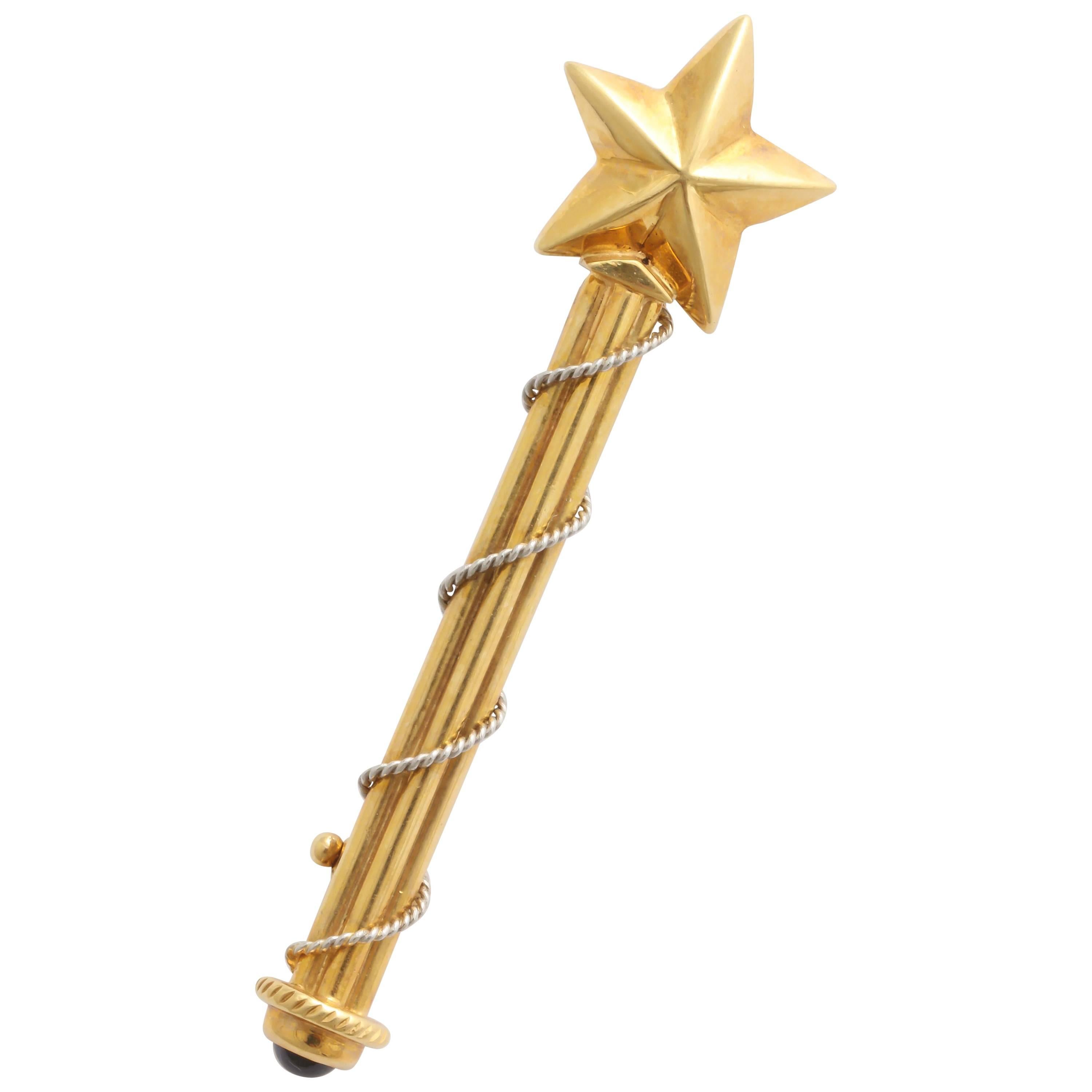 Charming Sapphire Gold Platinum Magic Wand Pin For Sale