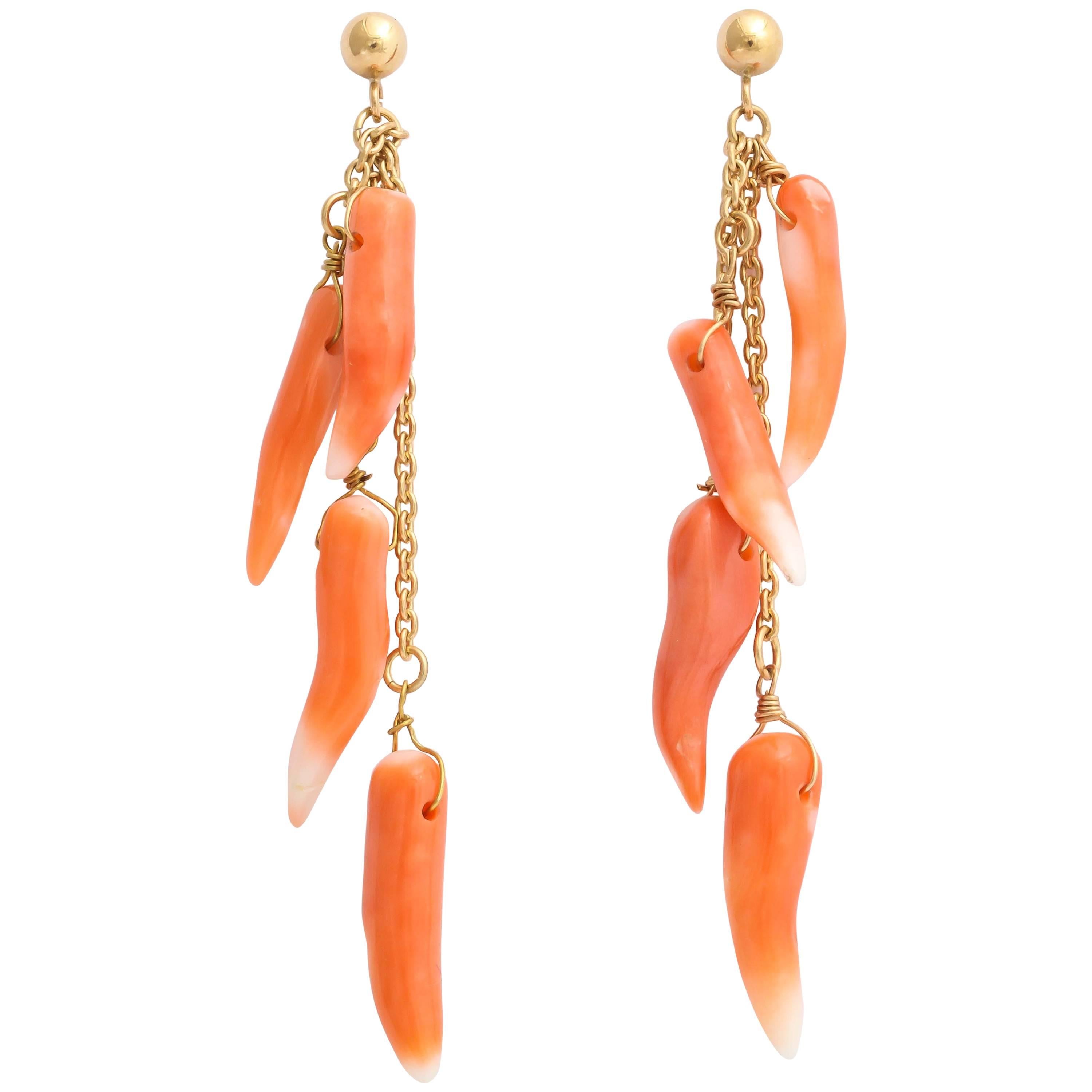 Natural Coral and Gold Dangle Earrings For Sale