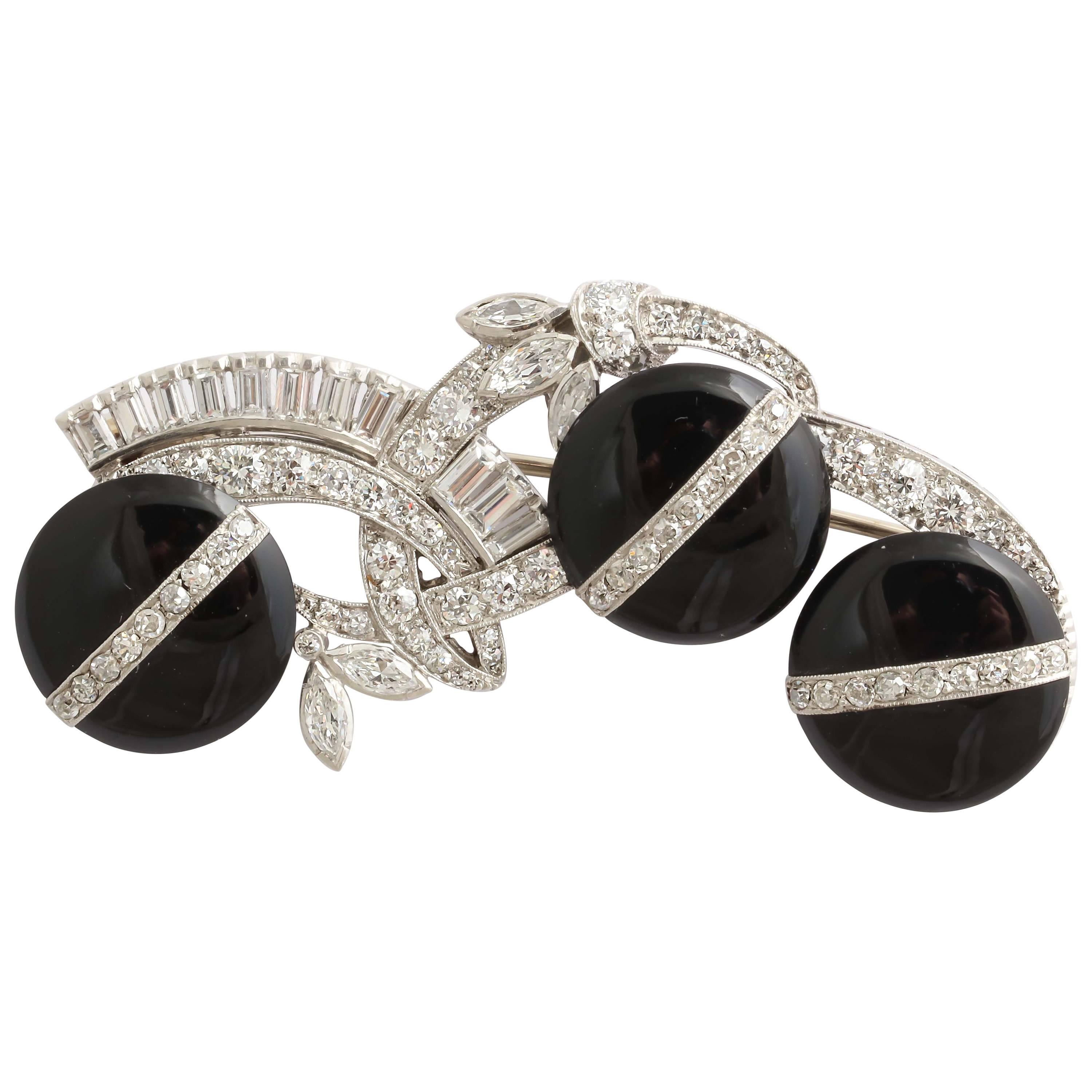 Delightful Black Onyx Diamond Brooch For Sale