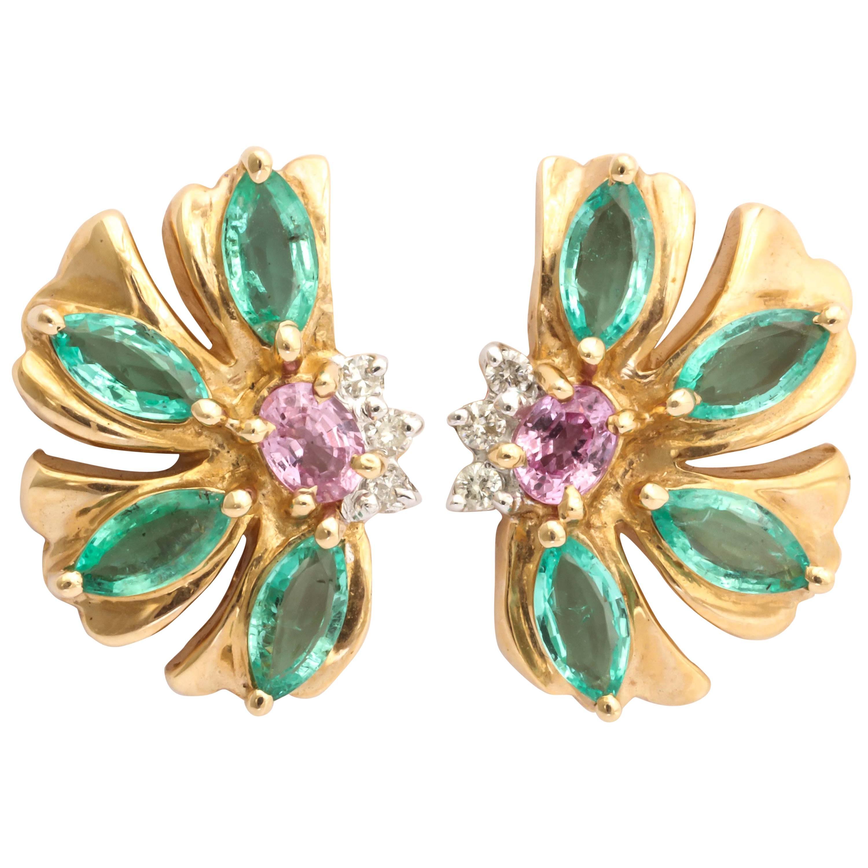 Lovely Emerald and Pink Sapphire Floral Earrings For Sale