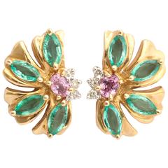 Lovely Emerald and Pink Sapphire Floral Earrings 6