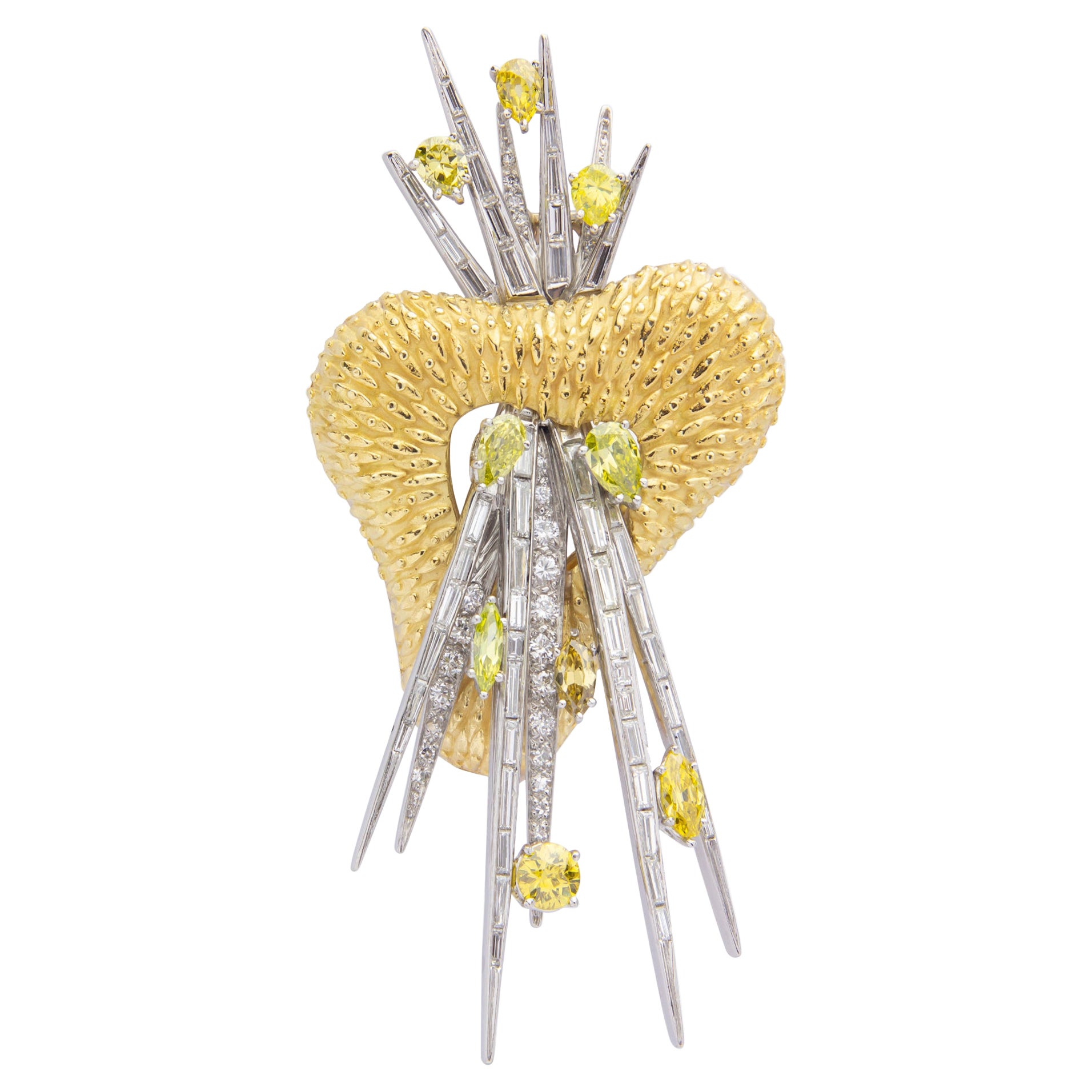 18 Karat White & Yellow Gold Spray Brooch with White & Yellow Diamonds For Sale