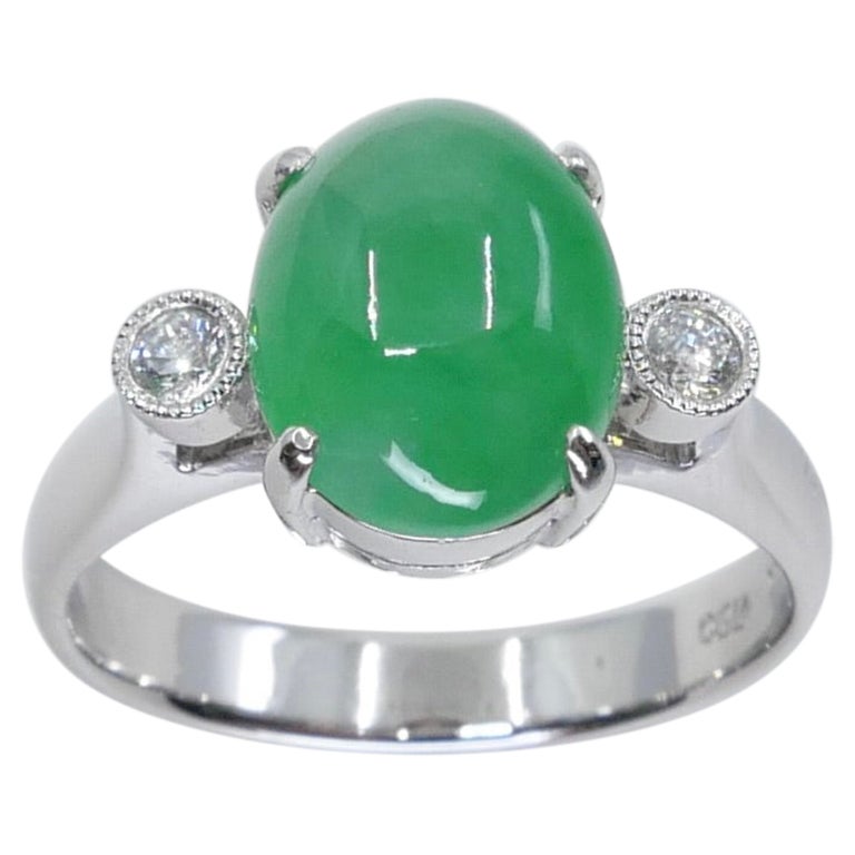 Certified Type a Jade & Oval Diamond 3 Stone Ring, Glowing Apple Green Color For Sale