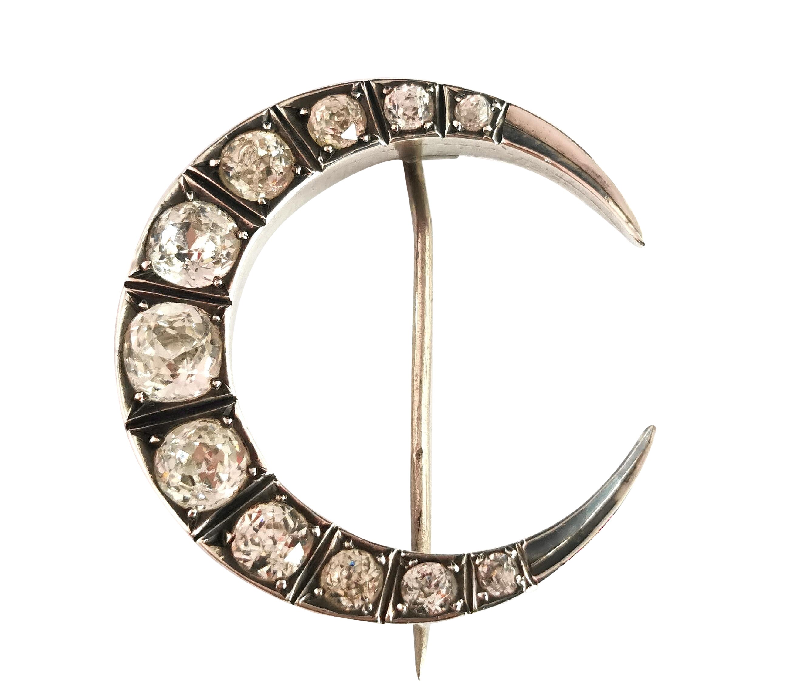 Antique Victorian Paste Crescent Brooch, Moon, Sterling Silver