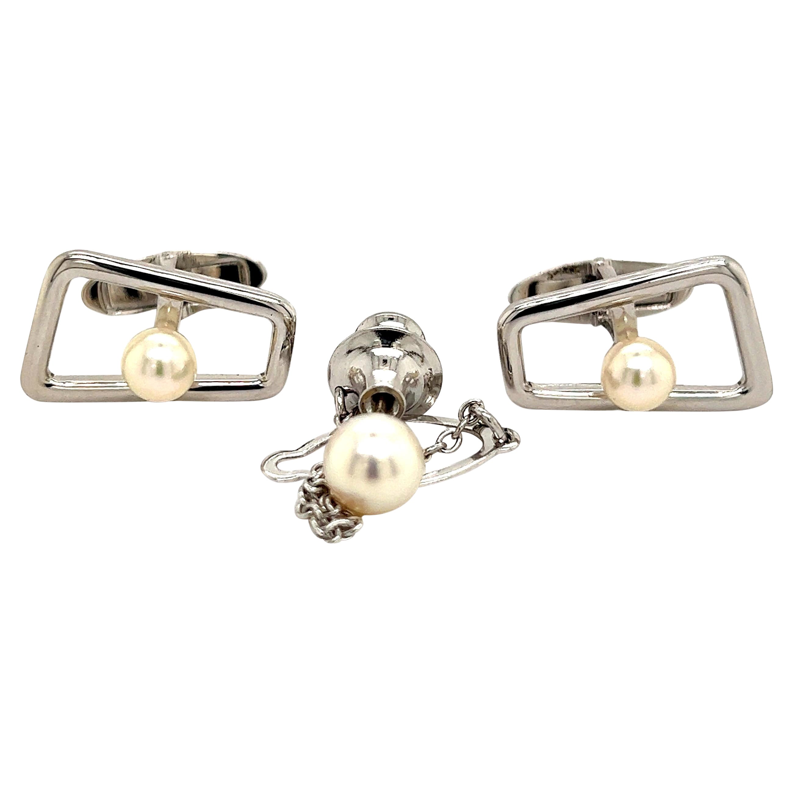 Mikimoto Estate Akoya Pearl Cufflinks and Tie Pin Sterling Silver For Sale