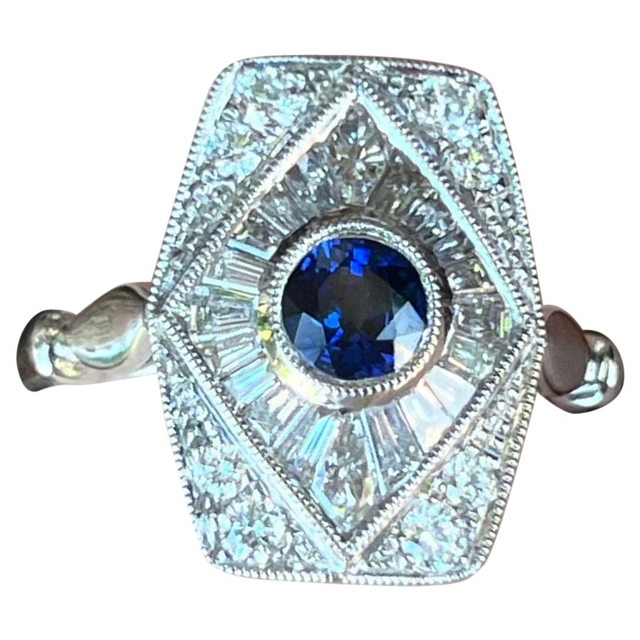 Baguette Diamond Kite and Sapphire Vintage Style Ring 18K White Gold For Sale