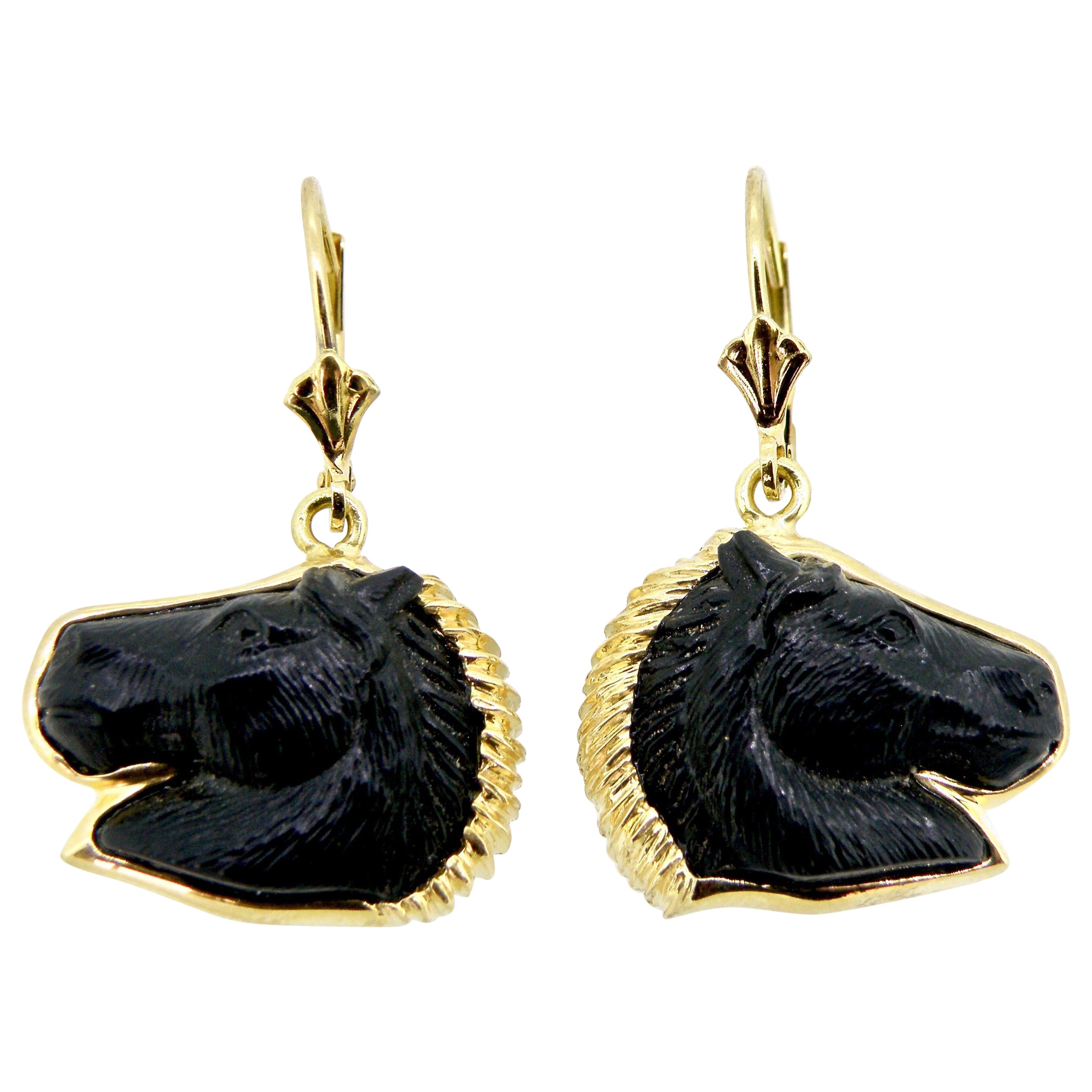 18K Black Onyx Horse Earrings For Sale at 1stDibs
