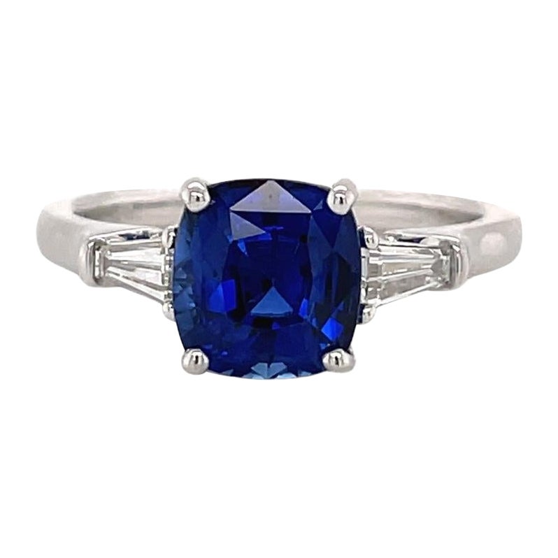 Cushion Shape Sapphire & Baguette Ring in 18k White Gold For Sale