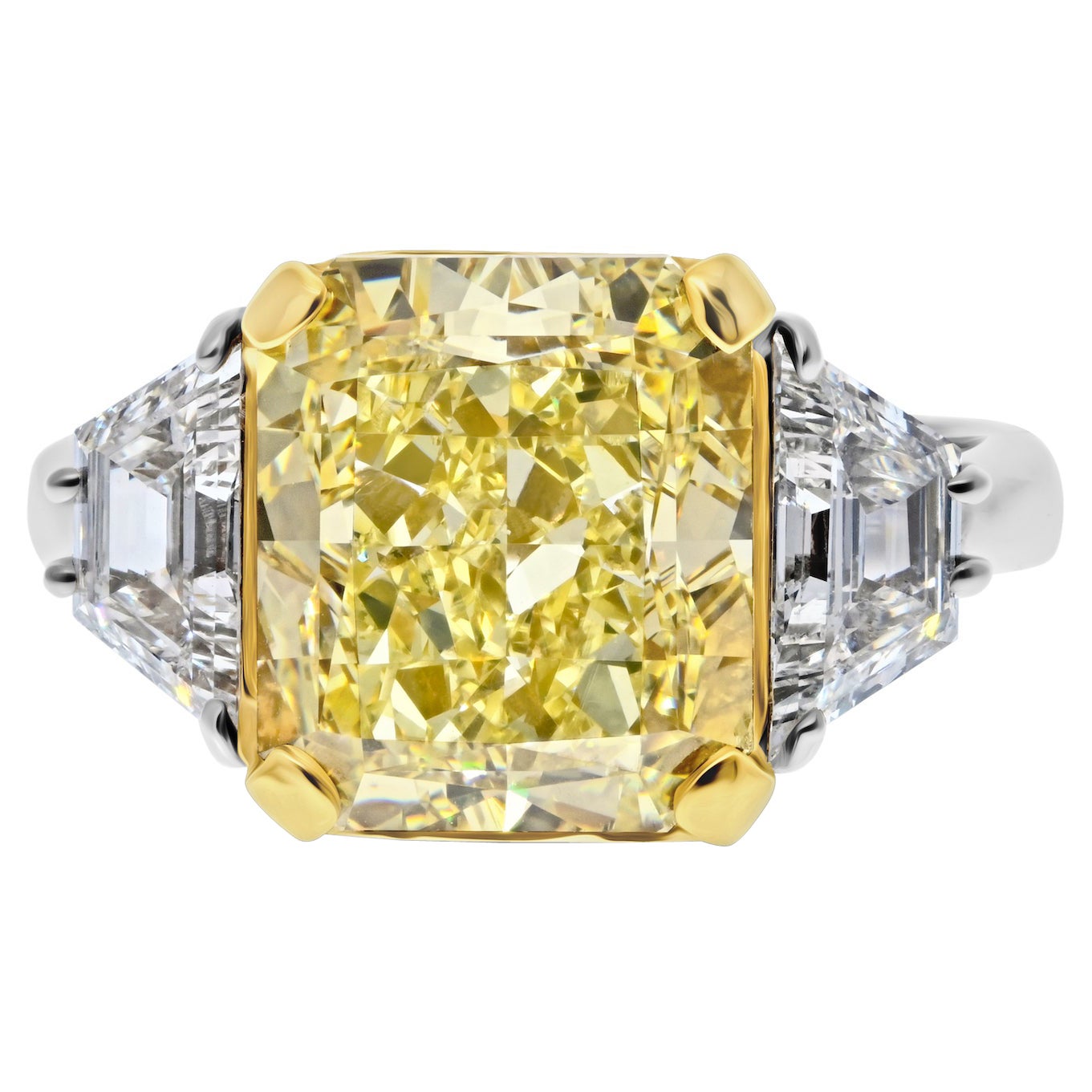 7.05 Carat Radiant Cut Fancy Yellow GIA VS2 Three Stone Diamond Engagement Ring