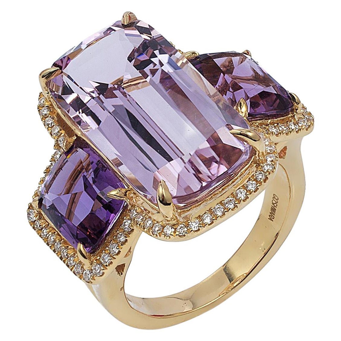 Goshwara 3-Stone Lavender Amethyst with Diamonds Cushion Ring For Sale