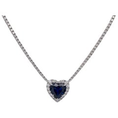 Heart Shape No Heat Sapphire & Diamond Necklace in 14k White Gold