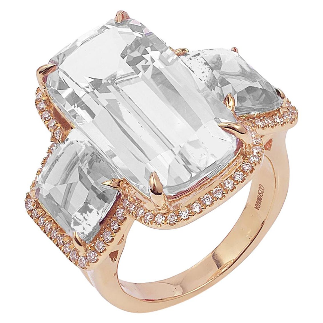 Goshwara 3-Stone Rock Crystal with Diamonds Cushion Ring