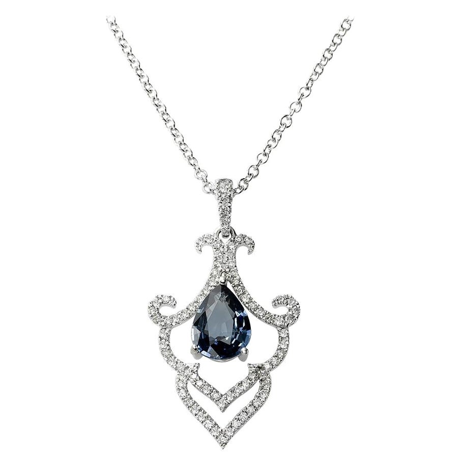 Pear Shape Sapphire & Diamond Pendant in 14k White Gold For Sale
