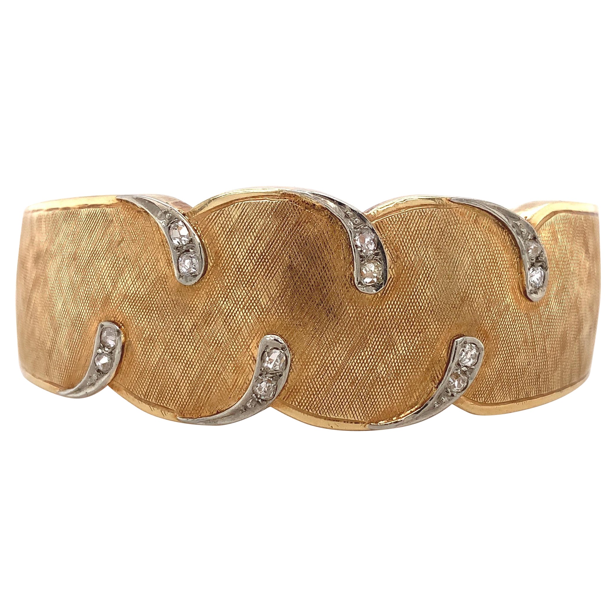 14K Gold and Diamond Hinged Italian Cuff Bracelet For Sale