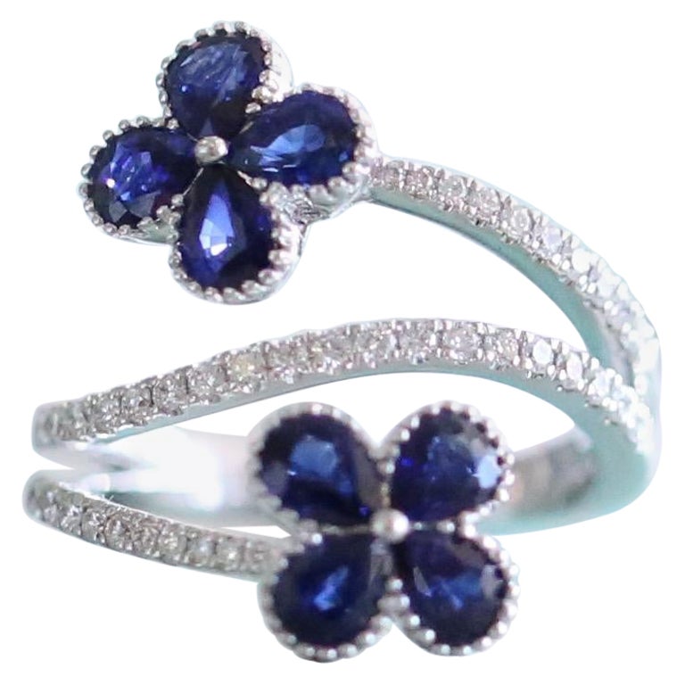 Sapphire Clover Flower and Diamond Wide Ring 18K