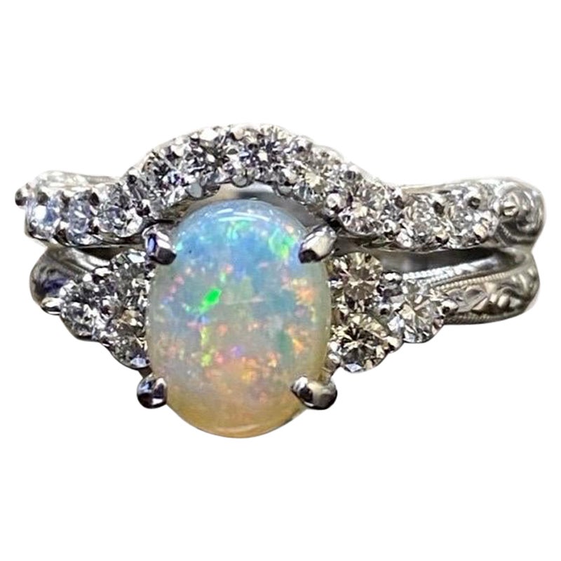 Handgravierter Platin Art Deco Diamant Opal Verlobungsring Braut-Set