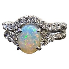Hand Engraved Platinum Art Deco Diamond Opal Engagement Ring Bridal Set